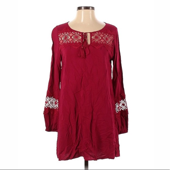 Y2K Express red boho dress long sleeves lace yoke inset sleeve string tie Medium - Picture 2 of 3